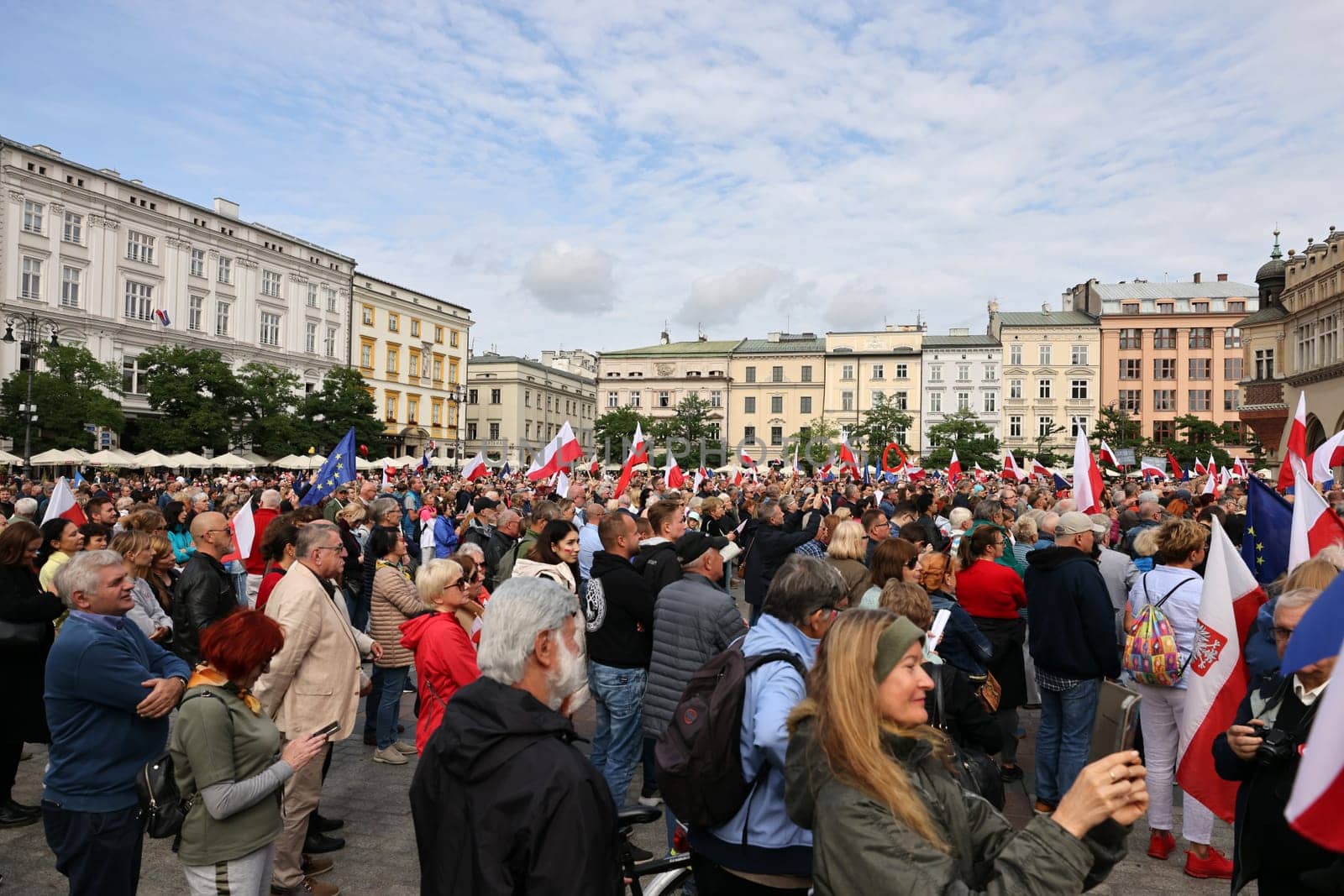 Cracow, Poland - October 1, 2023: Million Hearts March in Krakow. Crowds of Poles march through the streets of Krakow protesting against PiS's rule