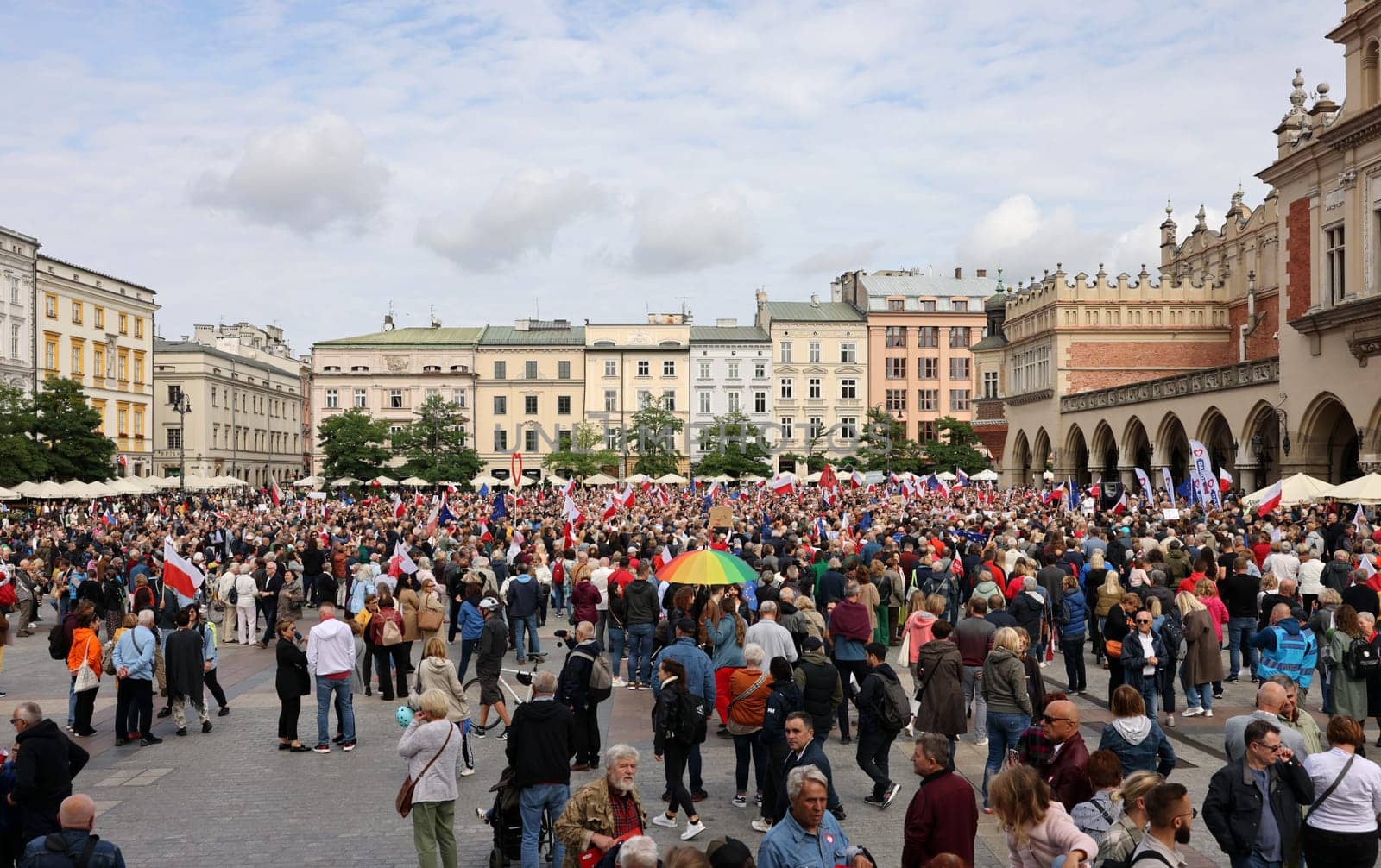 Cracow, Poland - October 1, 2023: Million Hearts March in Krakow. Crowds of Poles march through the streets of Krakow protesting against PiS's rule