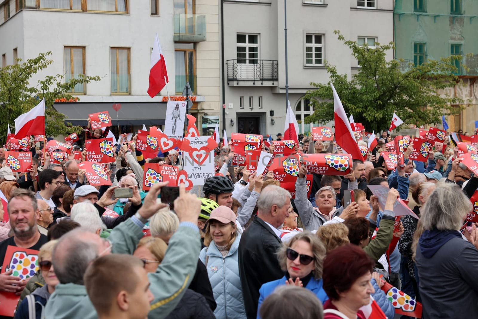 Cracow, Poland - October 1, 2023: Million Hearts March in Krakow. Crowds of Poles march through the streets of Krakow protesting against PiS's rule