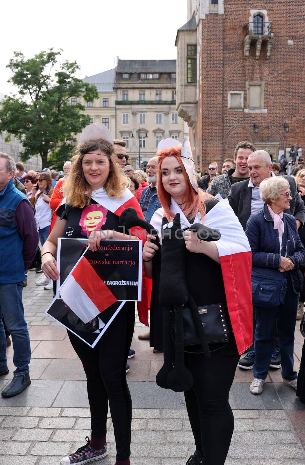 Cracow, Poland - October 1, 2023: Million Hearts March in Krakow. Crowds of Poles march through the streets of Krakow protesting against PiS's rule