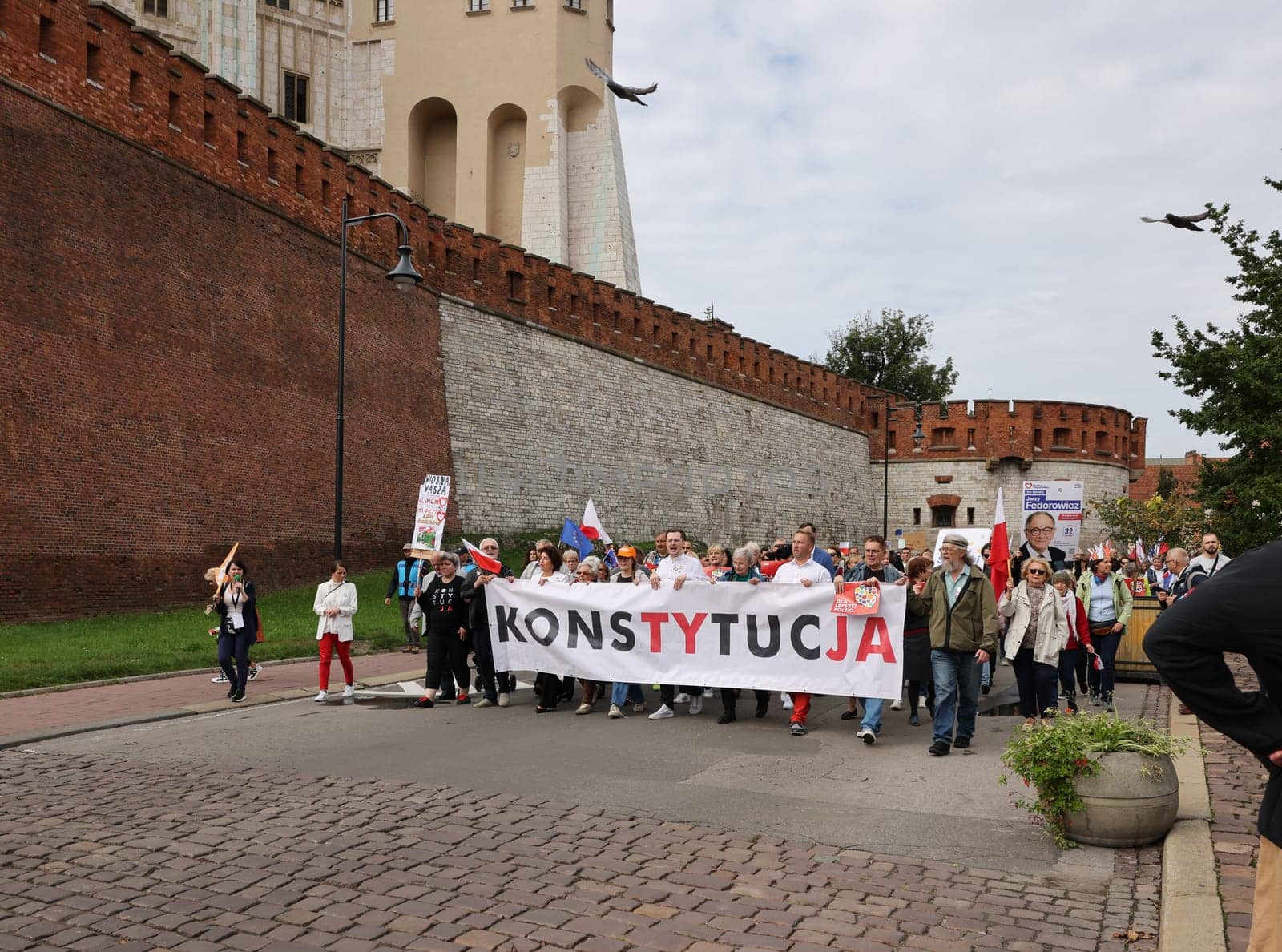 Cracow, Poland - October 1, 2023: Million Hearts March in Krakow. Crowds of Poles march through the streets of Krakow protesting against PiS's rule