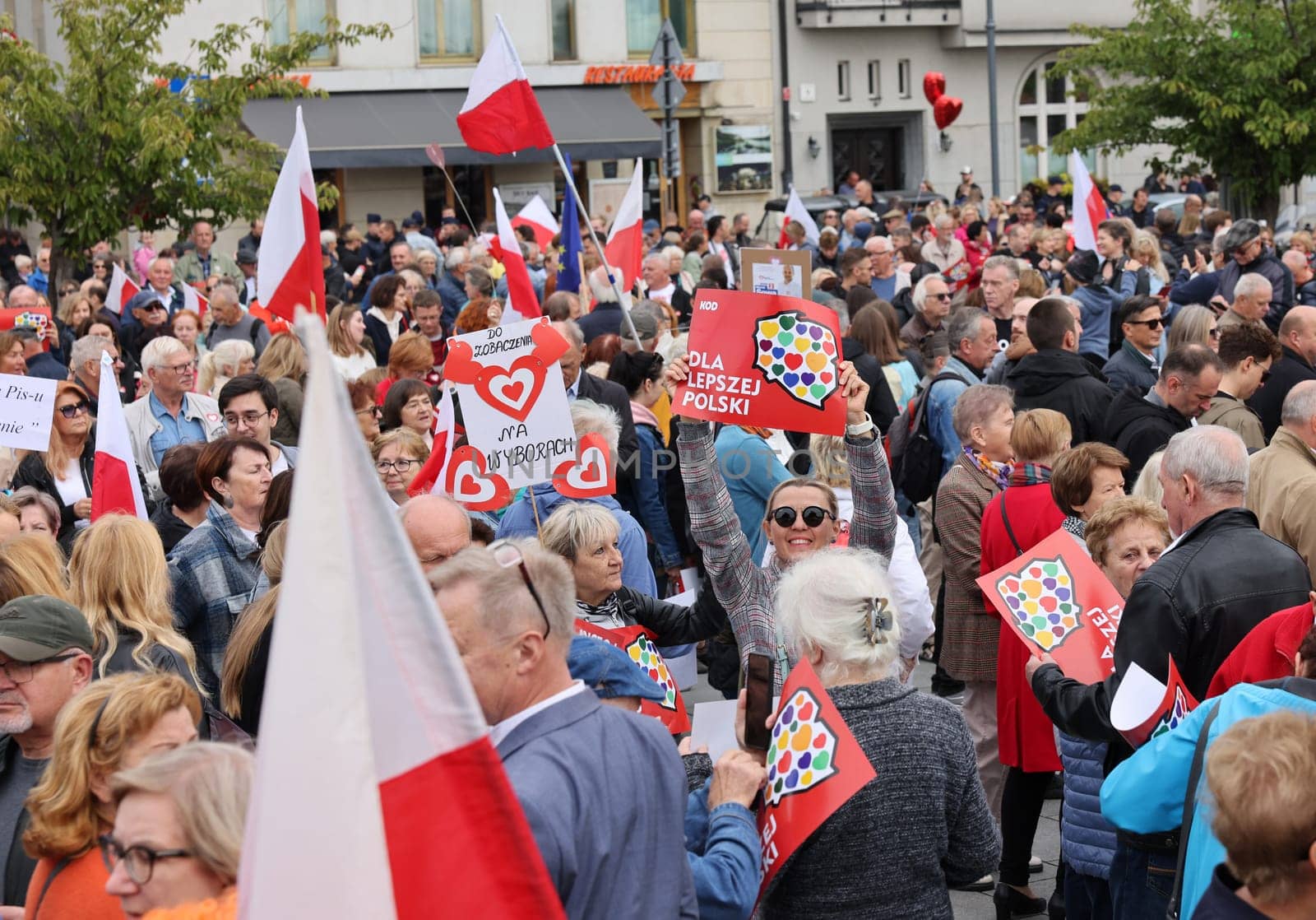 Cracow, Poland - October 1, 2023: Million Hearts March in Krakow. Crowds of Poles march through the streets of Krakow protesting against PiS's rule