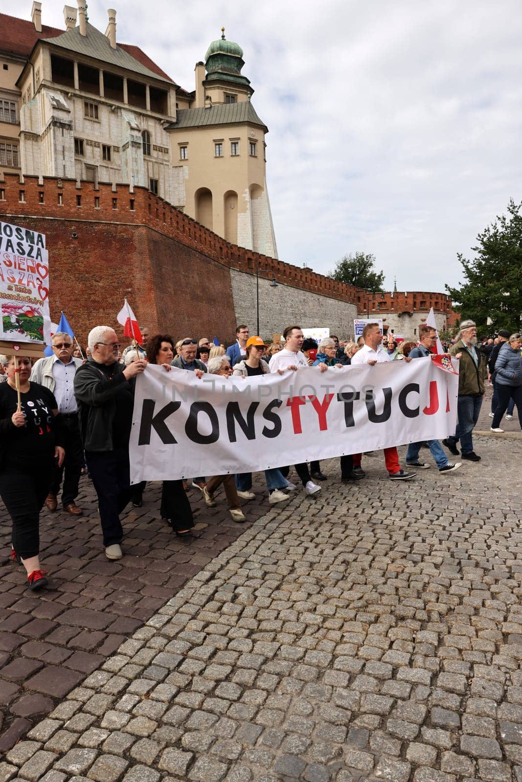Cracow, Poland - October 1, 2023: Million Hearts March in Krakow. Crowds of Poles march through the streets of Krakow protesting against PiS's rule
