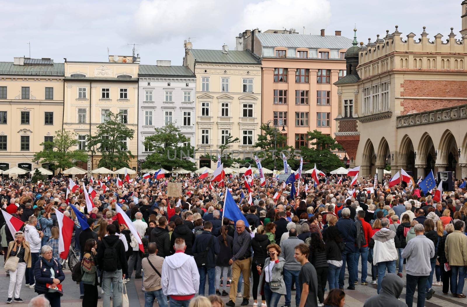 Cracow, Poland - October 1, 2023: Million Hearts March in Krakow. Crowds of Poles march through the streets of Krakow protesting against PiS's rule
