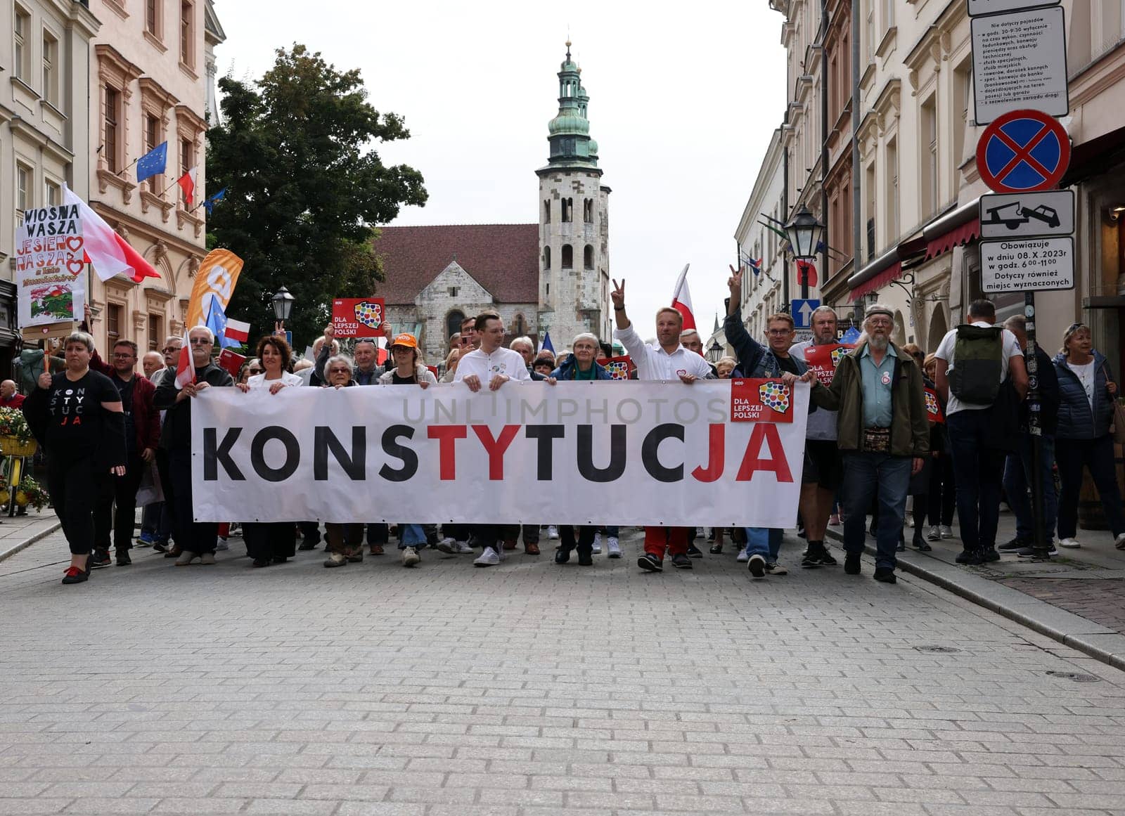 Cracow, Poland - October 1, 2023: Million Hearts March in Krakow. Crowds of Poles march through the streets of Krakow protesting against PiS's rule