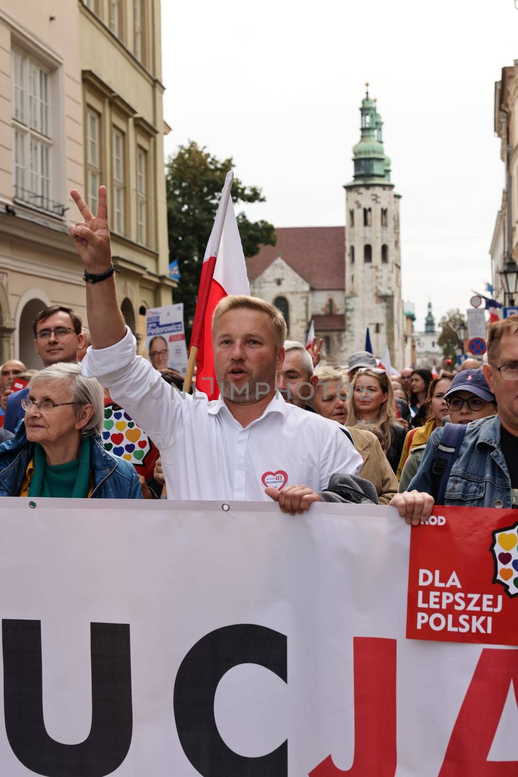 Cracow, Poland - October 1, 2023: Million Hearts March in Krakow. Crowds of Poles march through the streets of Krakow protesting against PiS's rule