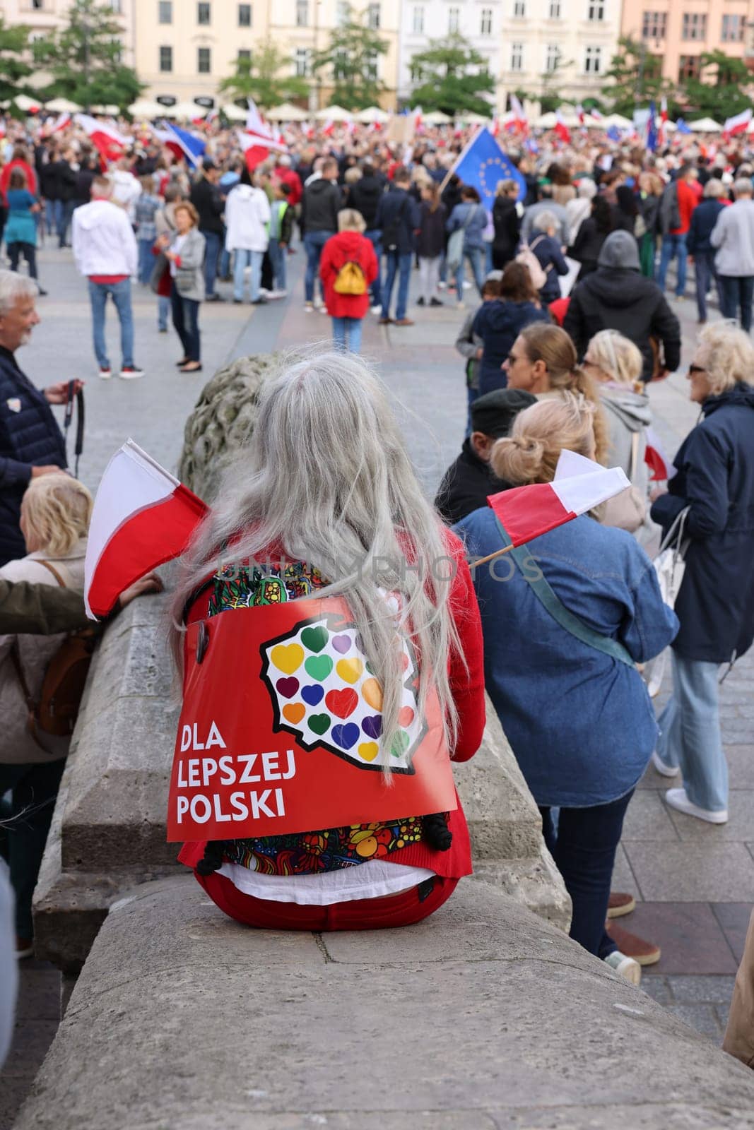 Cracow, Poland - October 1, 2023: Million Hearts March in Krakow. Crowds of Poles march through the streets of Krakow protesting against PiS's rule