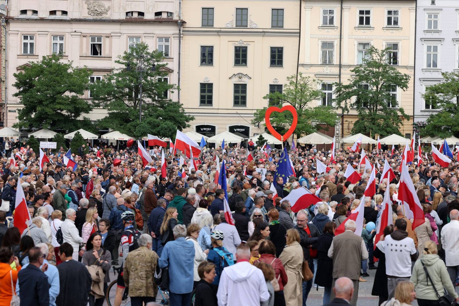 Cracow, Poland - October 1, 2023: Million Hearts March in Krakow. Crowds of Poles march through the streets of Krakow protesting against PiS's rule