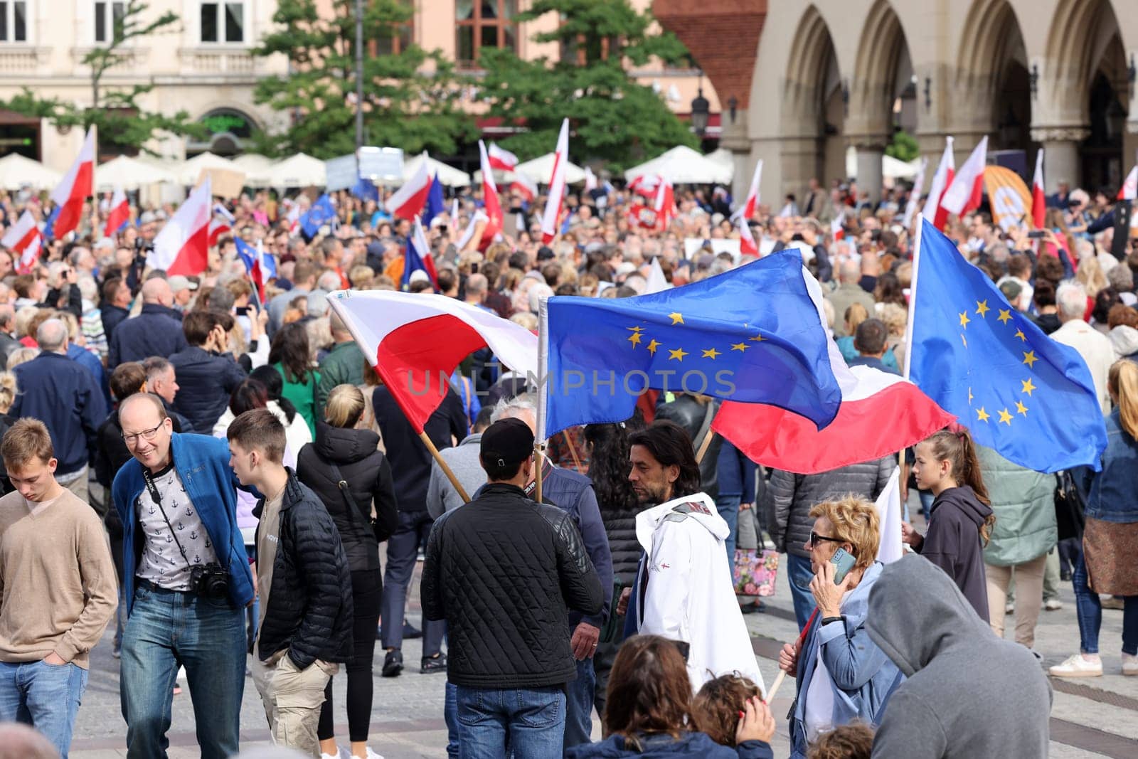 Cracow, Poland - October 1, 2023: Million Hearts March in Krakow. Crowds of Poles march through the streets of Krakow protesting against PiS's rule