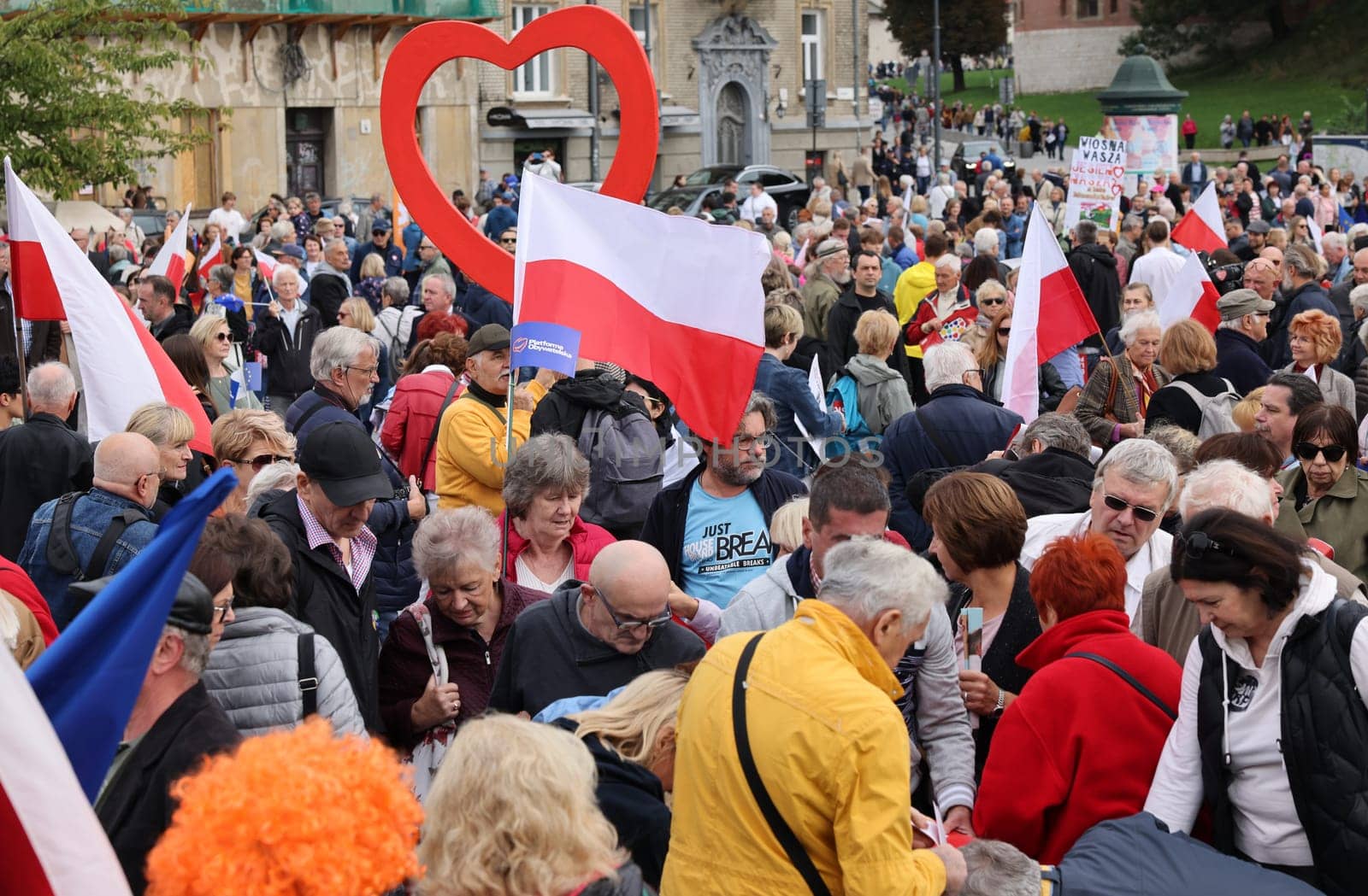 Cracow, Poland - October 1, 2023: Million Hearts March in Krakow. Crowds of Poles march through the streets of Krakow protesting against PiS's rule