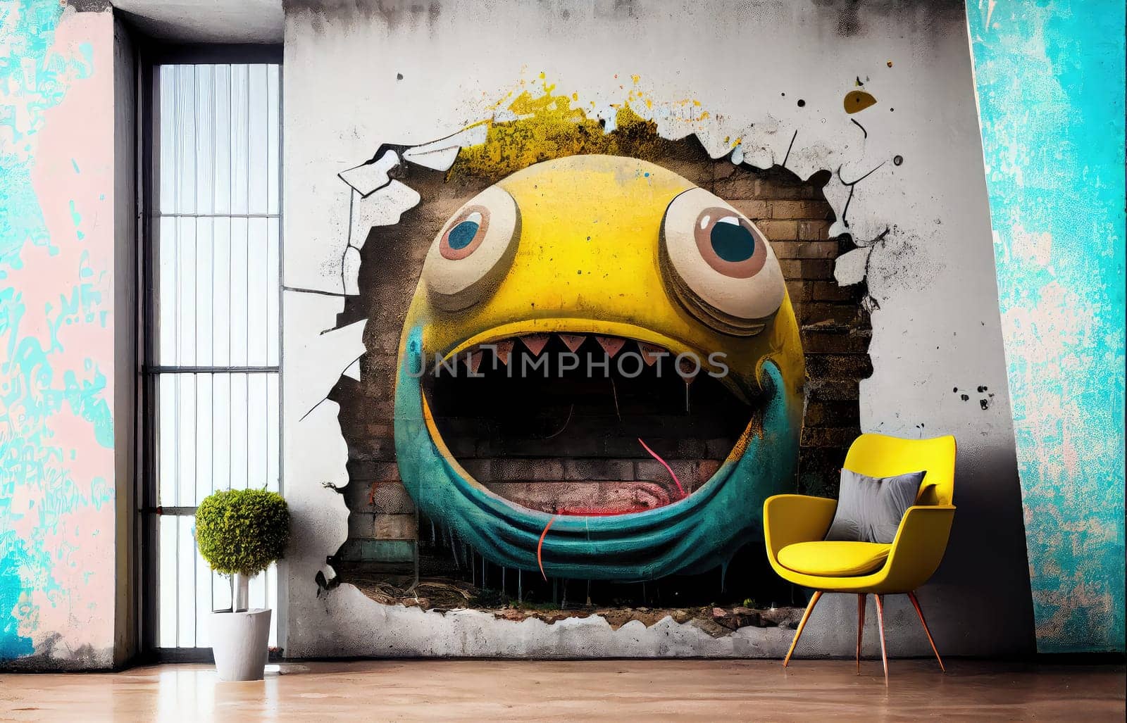 Imaginary creature grunge graffiti abstract concept background. Generative AI design