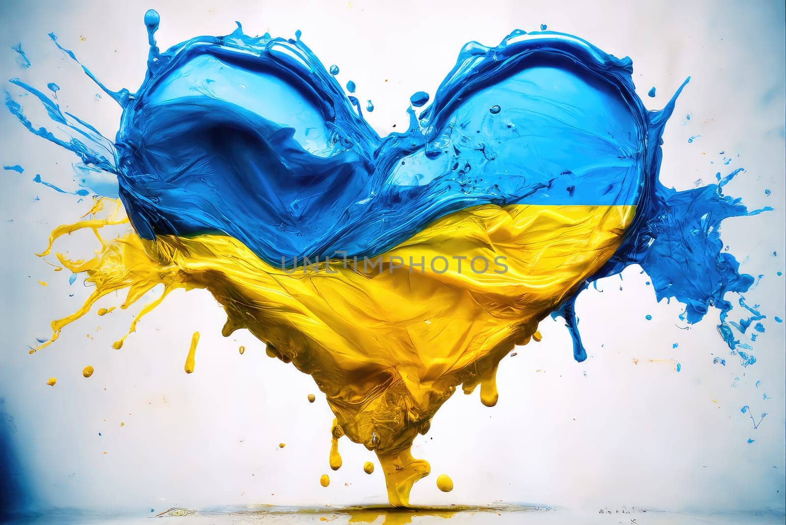 Blue and yellow flag of Ukraine in shape of heart on white background, watercolor or acrylic drawing. Generative AI design