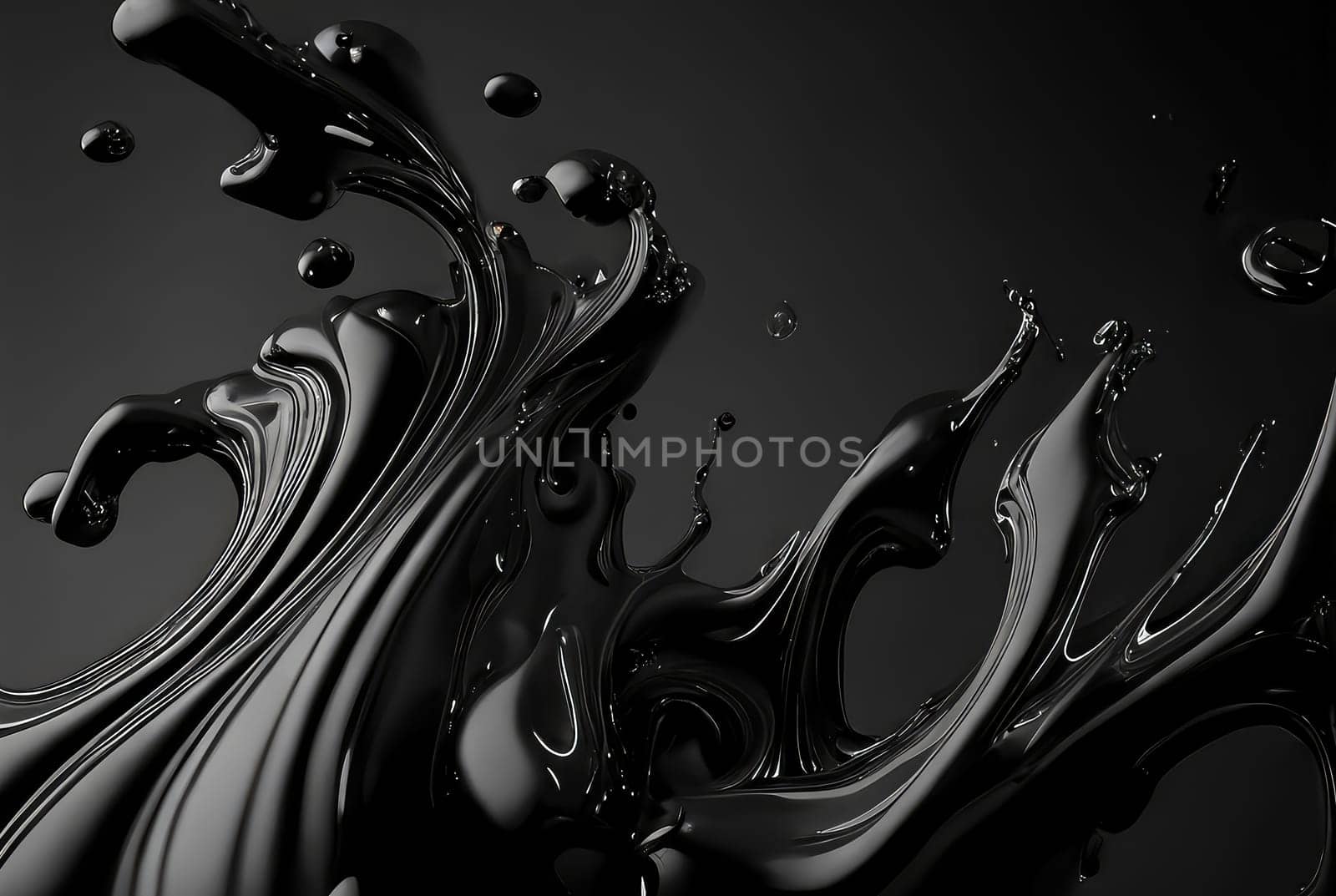 Liquid oil black wave with splashes, abstract background. Generative AI design
