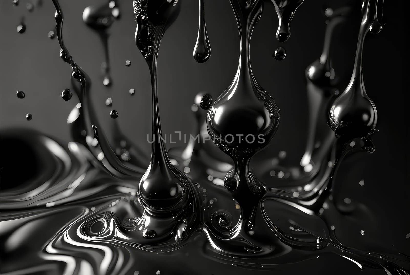 Black oil liquid - drops and splashes, abstract background. Generative AI design