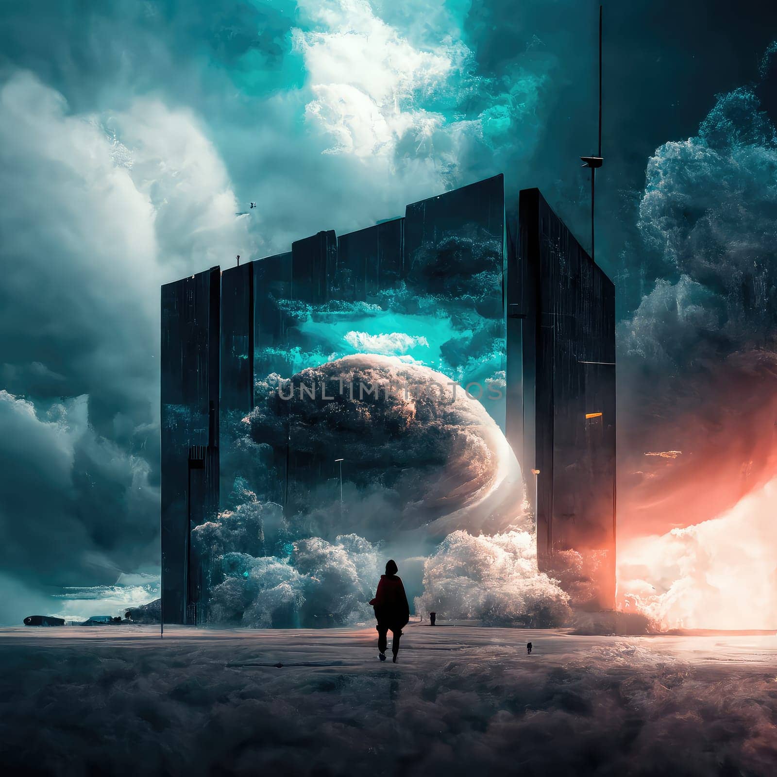 Futuristic landscape with lonely figure and concept building. Generative AI drawing