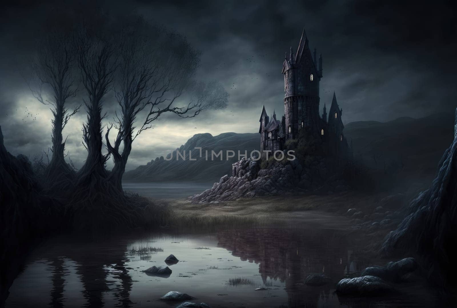 Fantasy gloomy night landscape with castle. Generative AI drawing