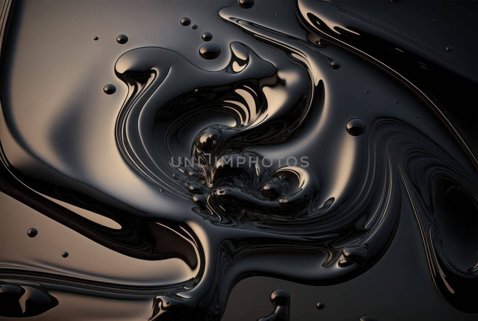 Liquid oil black wave with splashes, abstract background. Generative AI design