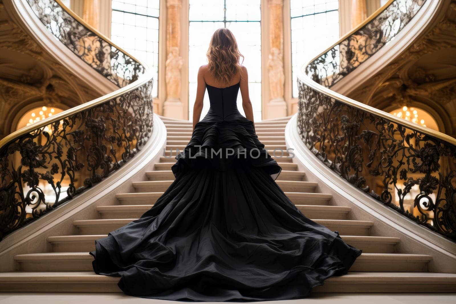 Rear view of a woman wear a long black evening dress, standing on the middle of a staircase in an luxury palace. AI generated