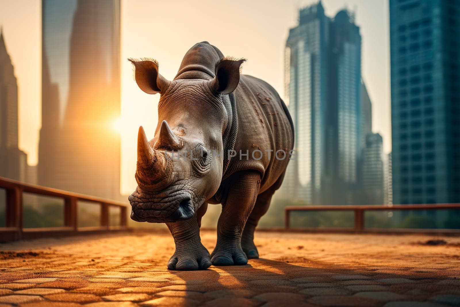 Lonely rhinoceros standing on the empty city square floor with a skyline scenery of glass skyscrapers. A rhino is standing in the middle of a city with tall buildings. AI generated