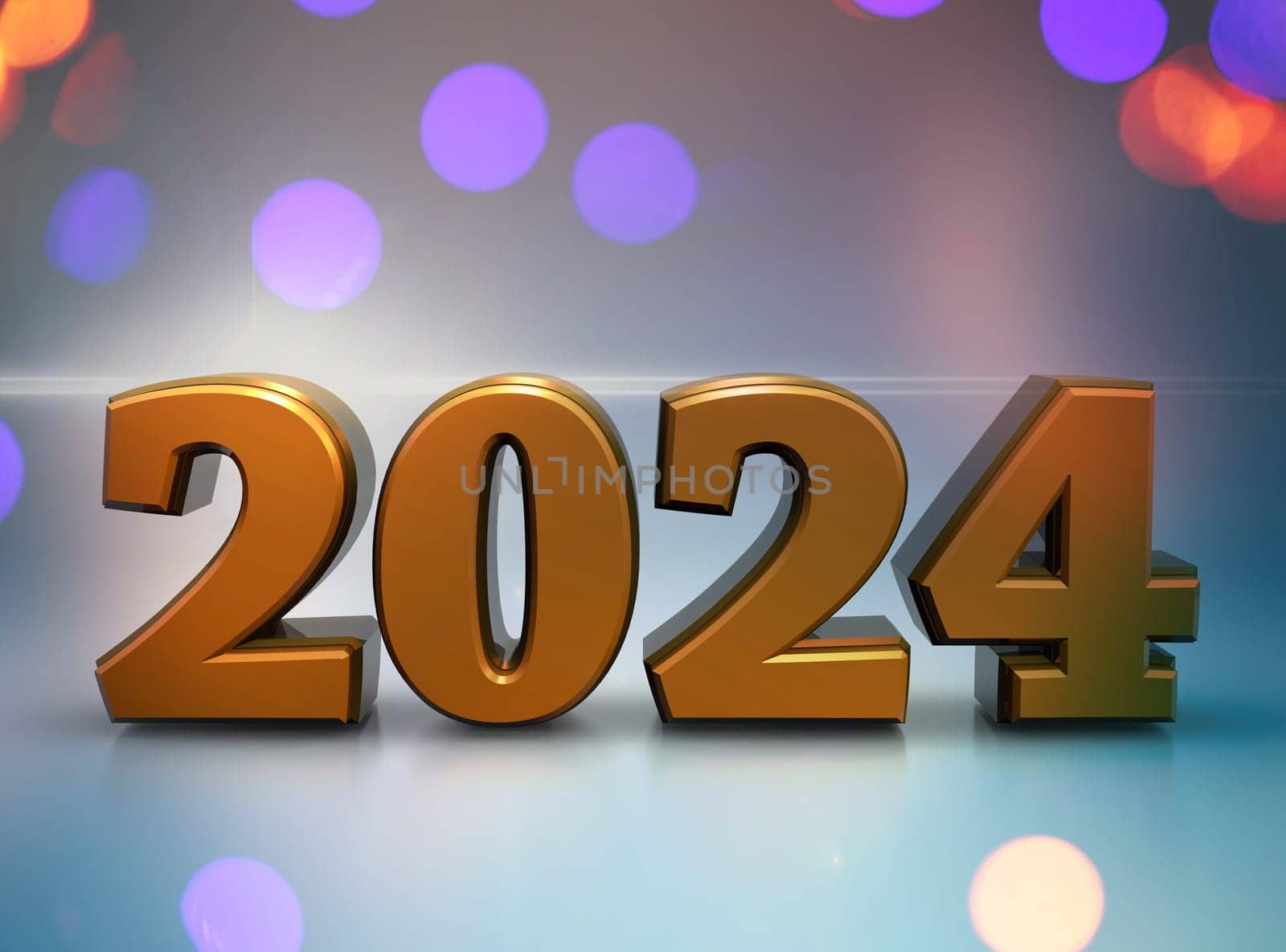 Golden steel number 2024 with reflections and blurred lights, 3d rendering
