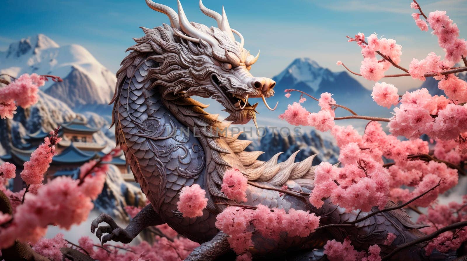 Traditional chinese dragon on the beautiful landscape with mountains and blooming sakura trees. Concept for Happy chinese new year 2024, the dragon zodiac sign. New Year of the Dragon 2024. AI generated