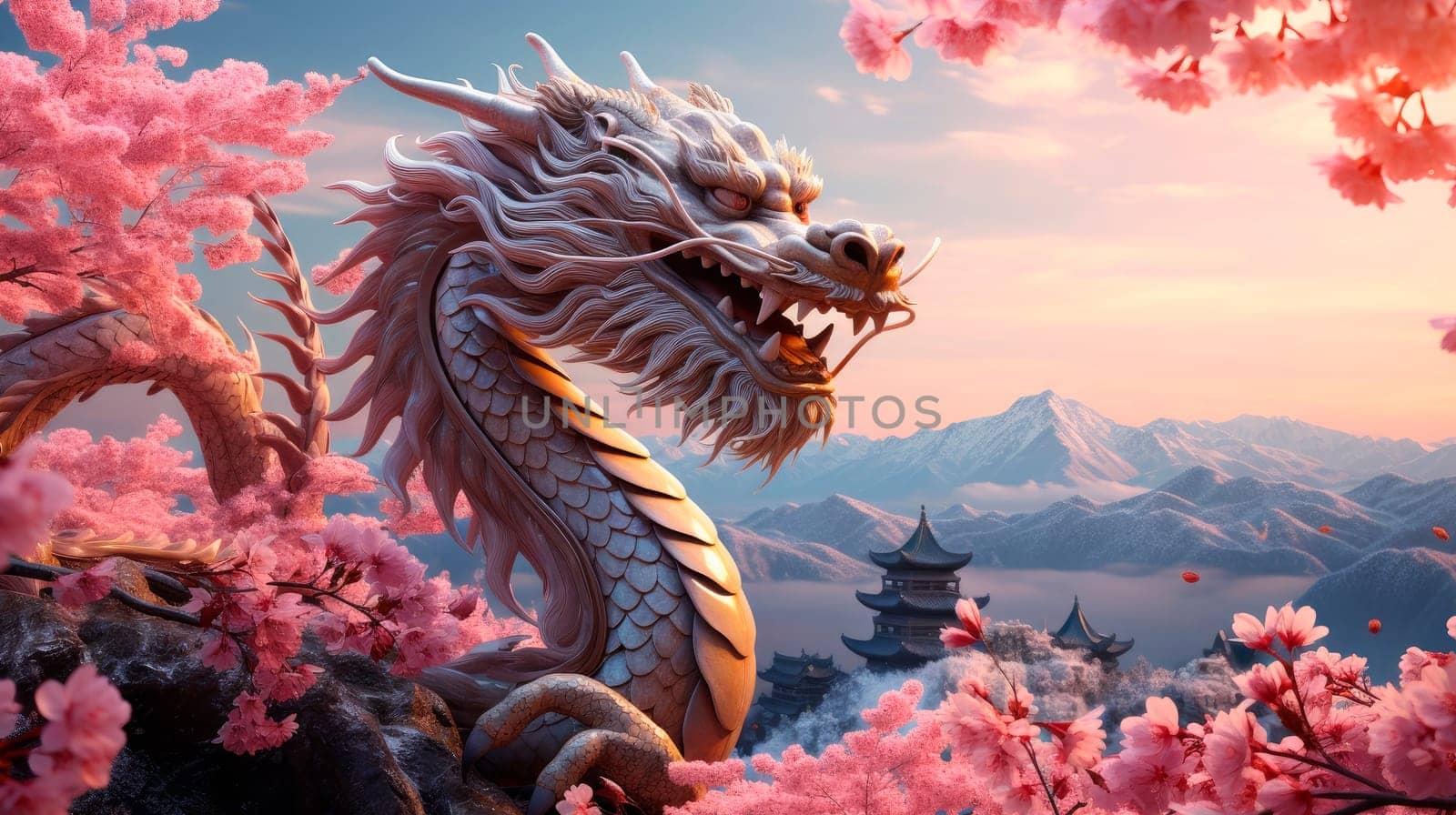 Traditional chinese dragon on the beautiful landscape with mountains and blooming sakura trees. Concept for Happy chinese new year 2024, the dragon zodiac sign. New Year of the Dragon 2024. AI generated