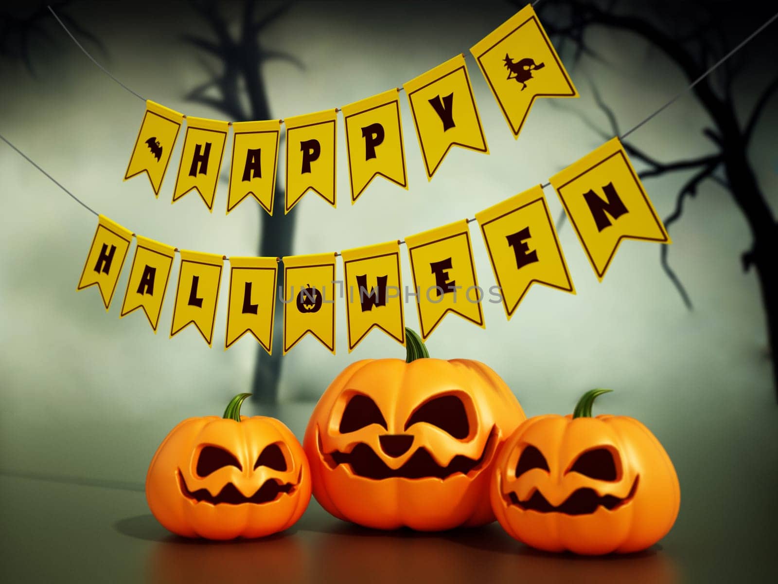 Happy Halloween flags and pumpkins against spooky forest background. 3D illustration.
