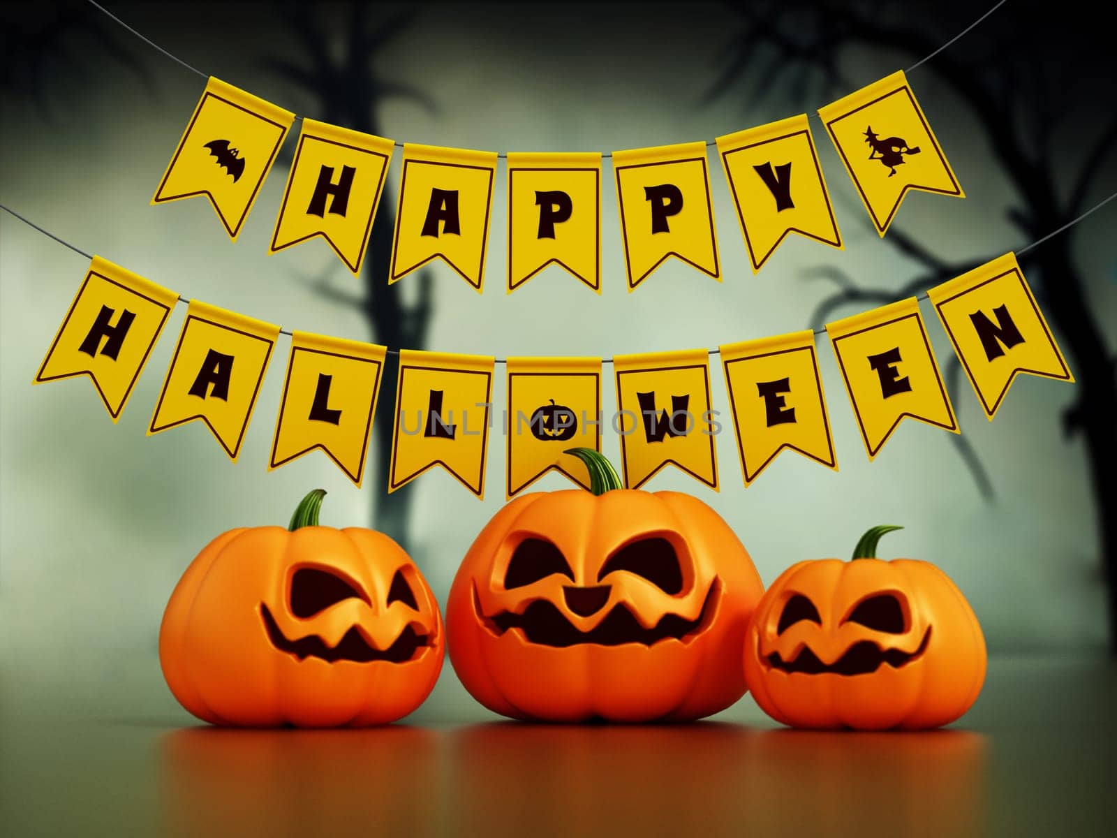 Happy Halloween flags and pumpkins against spooky forest background. 3D illustration.