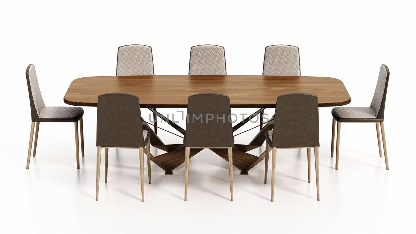 Dining table and chairs isolated on white background. 3D illustration.