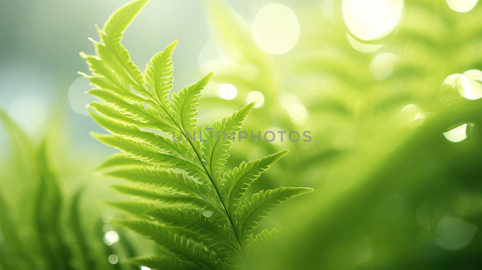 fern leaf bathed in gentle morning light on a blurred background. Abstract background with fern pattern.Generative AI
