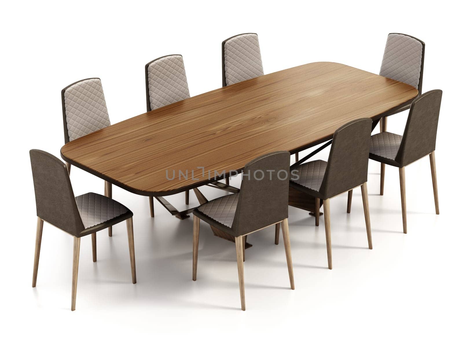 Dining table and chairs isolated on white background. 3D illustration.