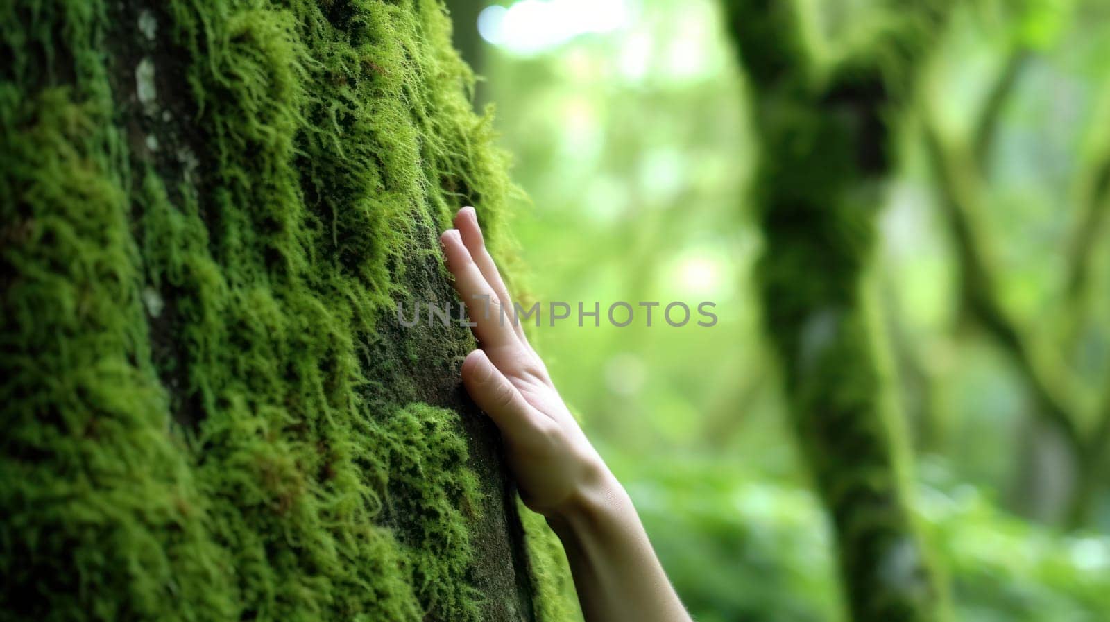 Close-up of a man's hand touching a large tree. The concept of protecting nature and combating deforestation.Generative AI