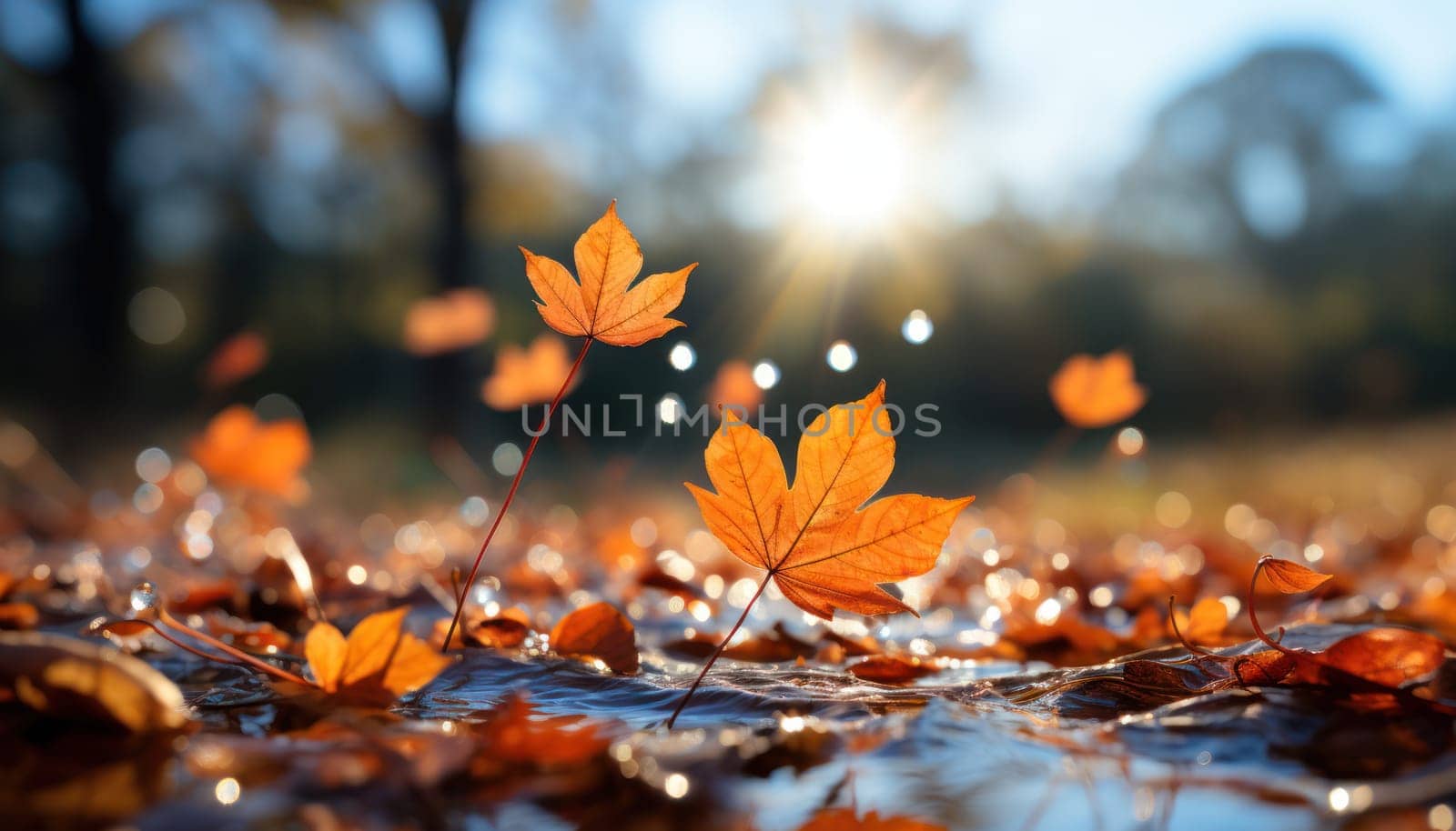 autumn leaves falling against the park . Autumn colors, sharp and clear focus on one leaf. Generative AI