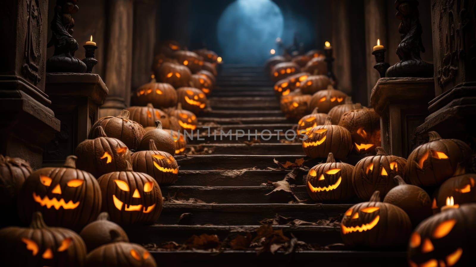 Halloween pumpkin lanterns and candles on a staircase with autumn leaves leading up, a mystical castle on a spooky Halloween night.Generative AI