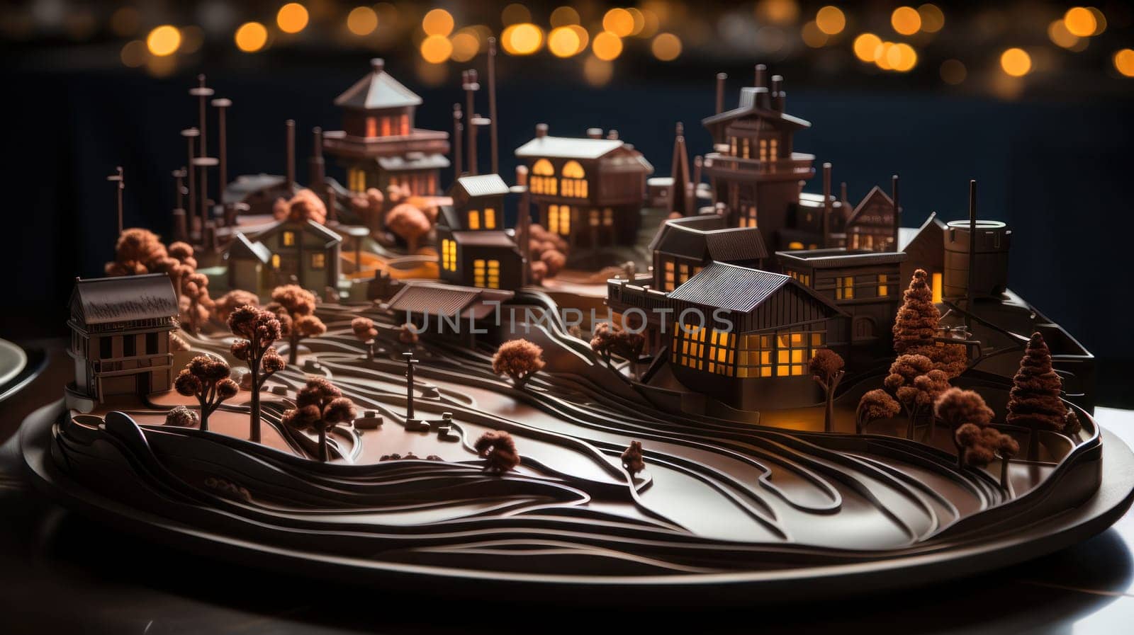 chocolate city with snow and sugar and powder on a platter on a dark background. Generative AI