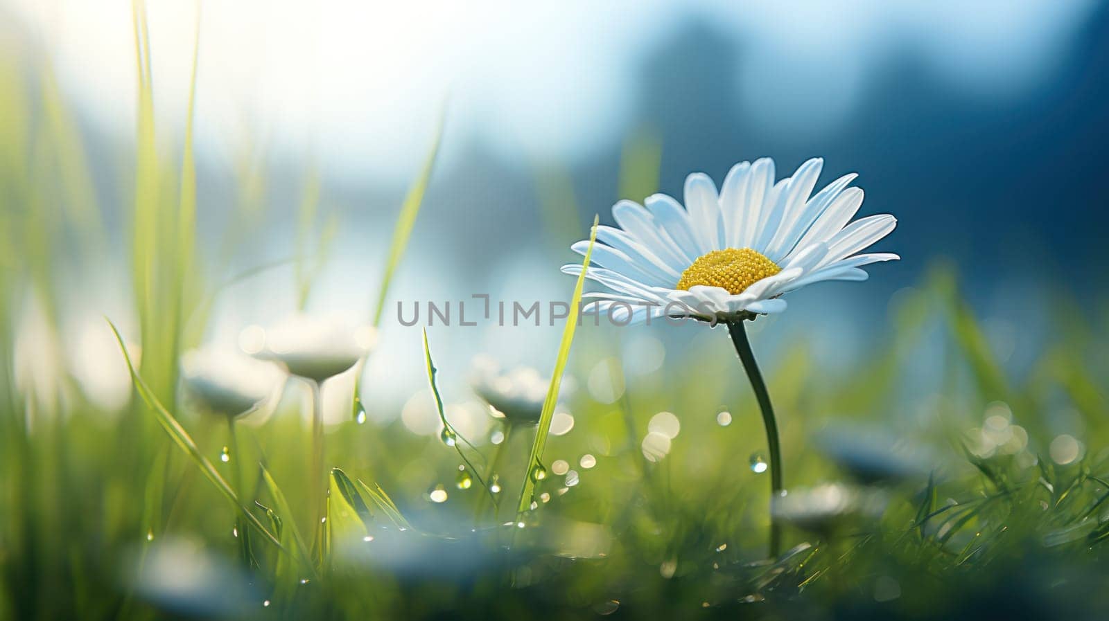 Isolated chamomile flower with dew drops in the rays of the sun on a blurred background of a summer field. wallpaper.Generative AI
