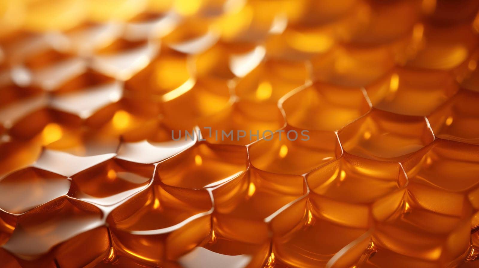 Honey in honeycombs close-up.golden symmetry honeycomb pattern, illuminated with soft light.Abstract background. Generative AI