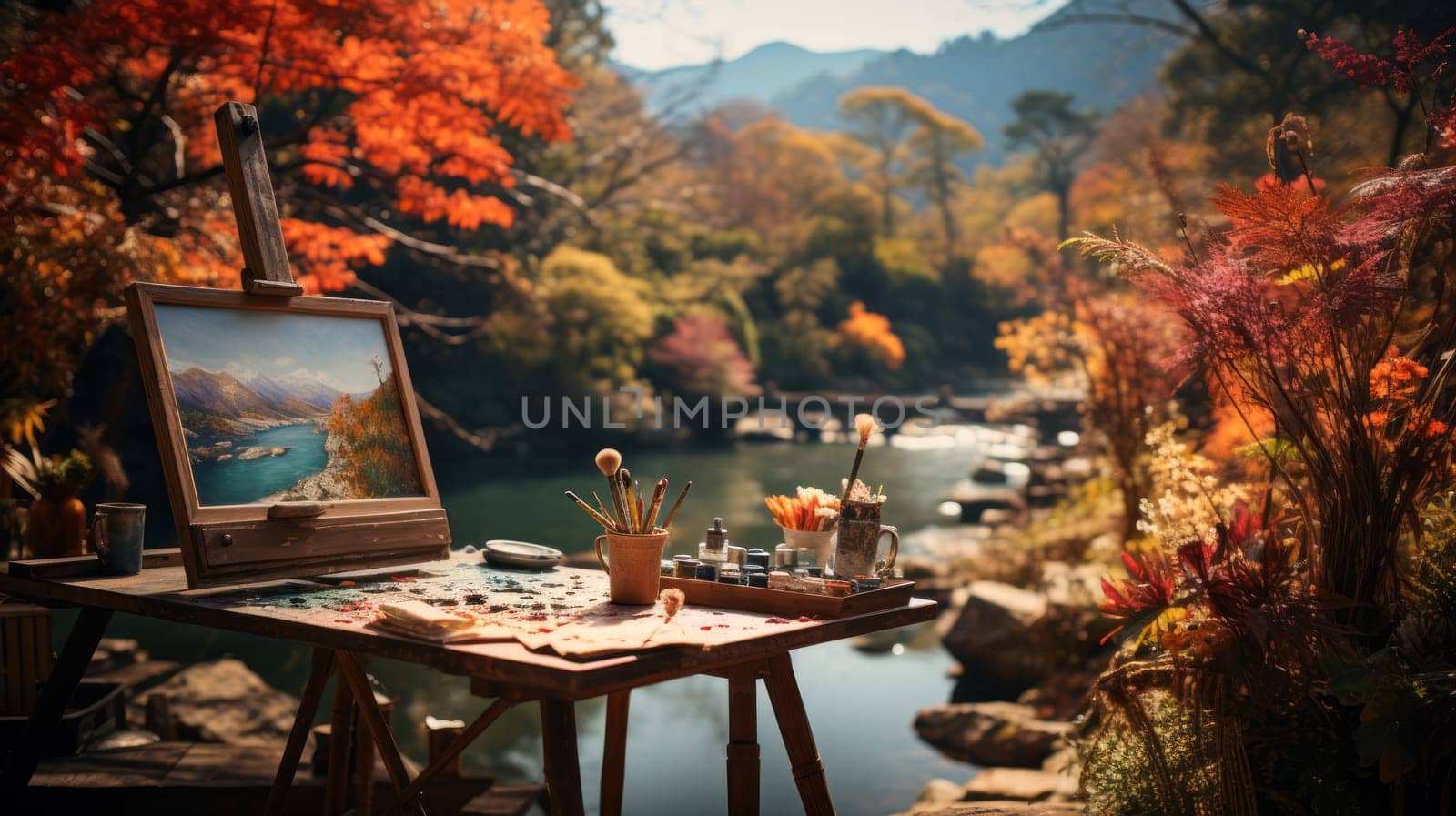 artist's easel set among autumn foliage. Brushes and a palette lie on a wooden table