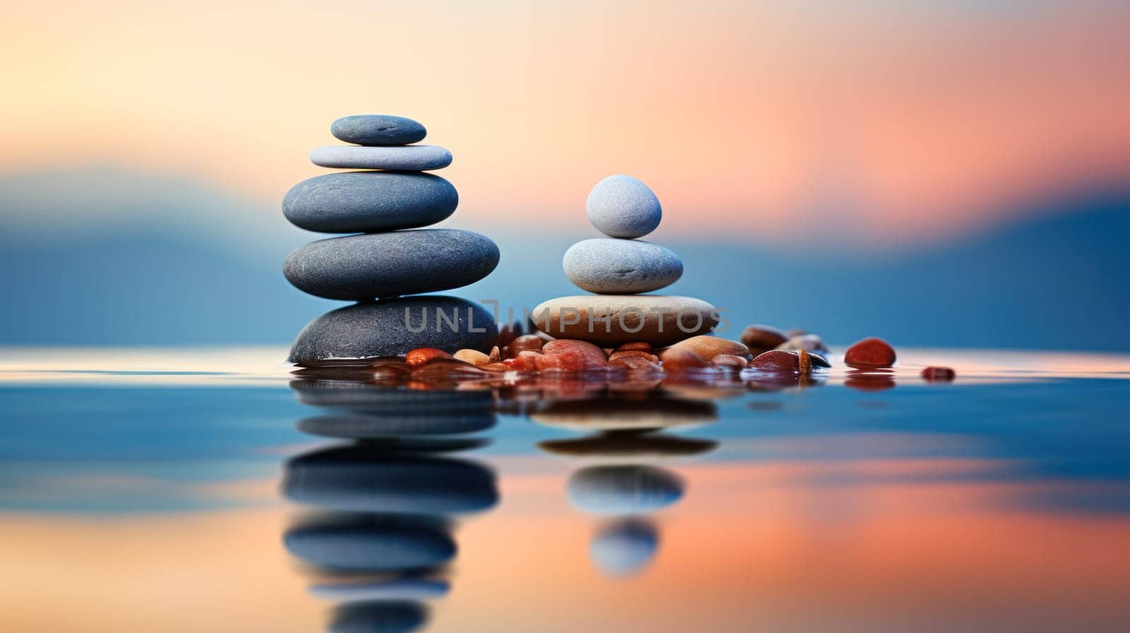 Zen stones symmetrically aligned against calm water. Generative AI