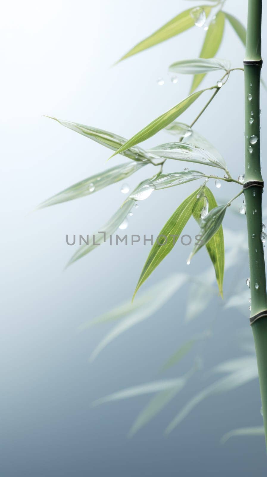 Lonely bamboo stalk with dew drops on a blurred foggy background .calm and peaceful. Generative AI