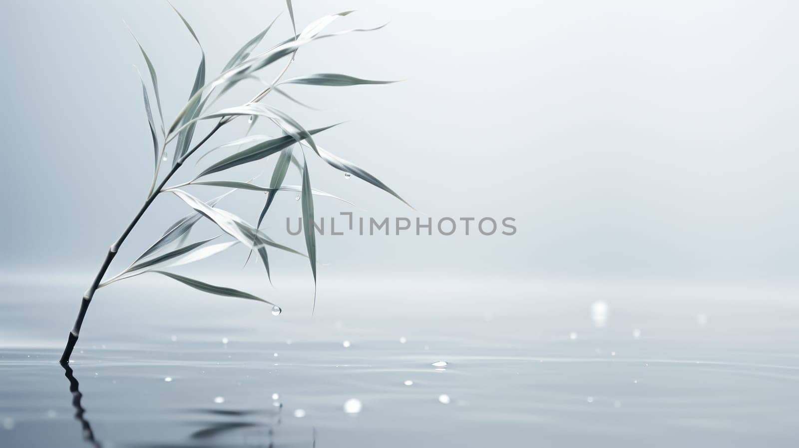 Lonely bamboo stalk with dew drops on a blurred foggy background .calm and peaceful. Generative AI