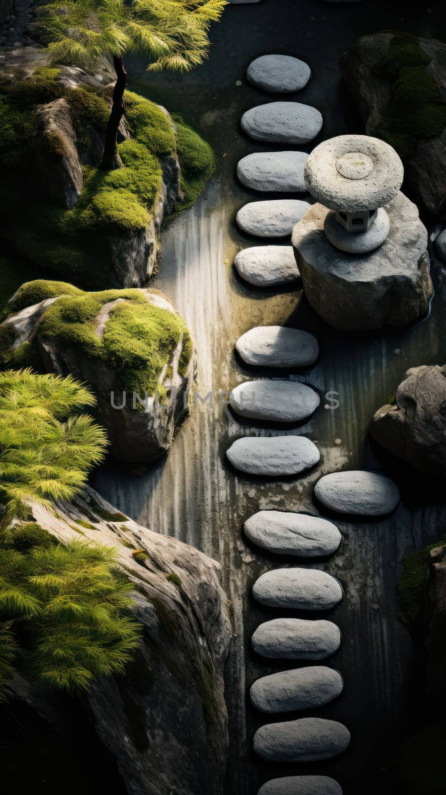 top view of the Japanese rock garden, filled with a subtle play of light and shadow. Harmony. Generative AI