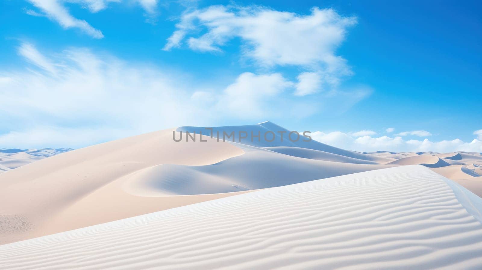 Endless desert with white sand stretching across the primeval desert. Landscape photography, desert background with patterns of sand waves against the blue sky.Generative AI