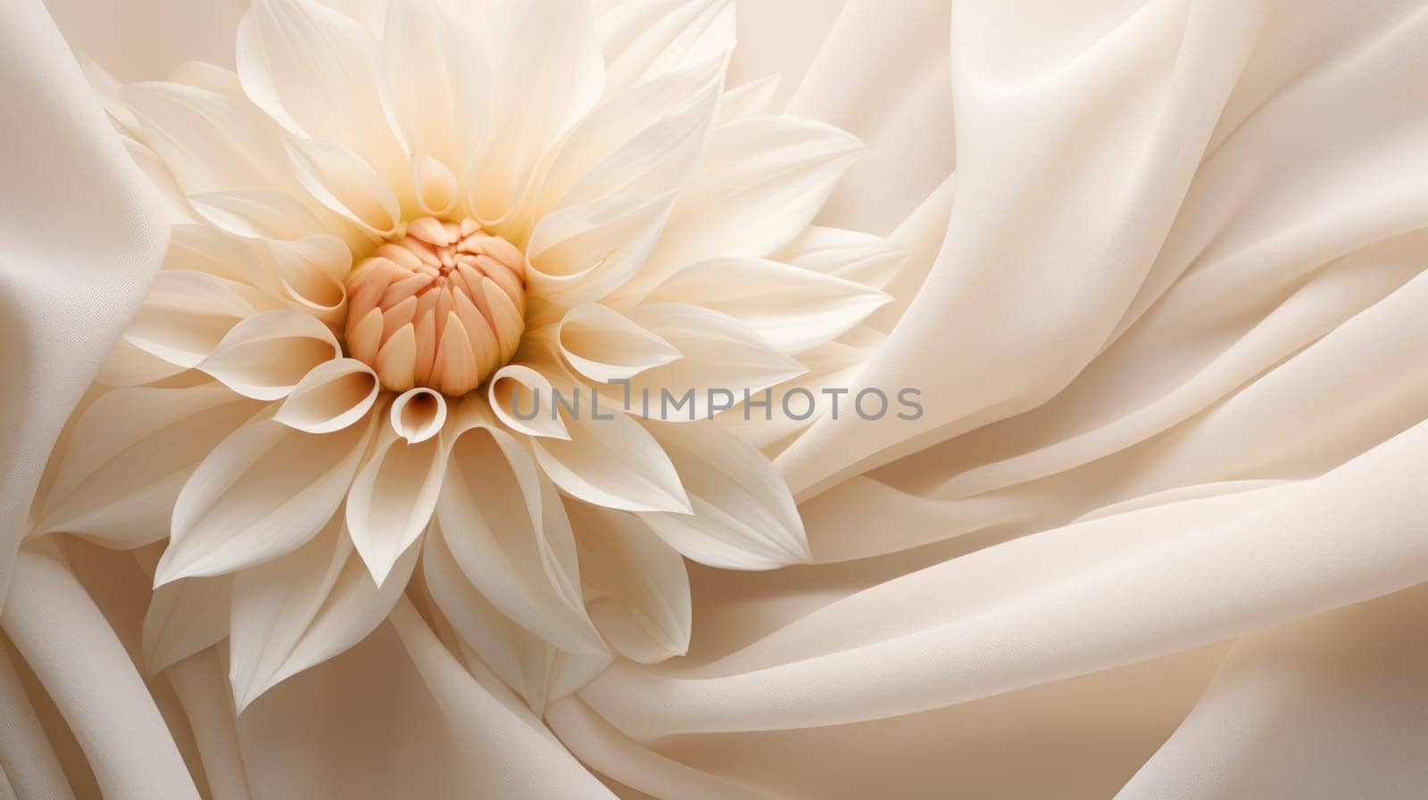 the velvety detail of a dahlia flower rests on a textured lightweight fabric.Generative AI