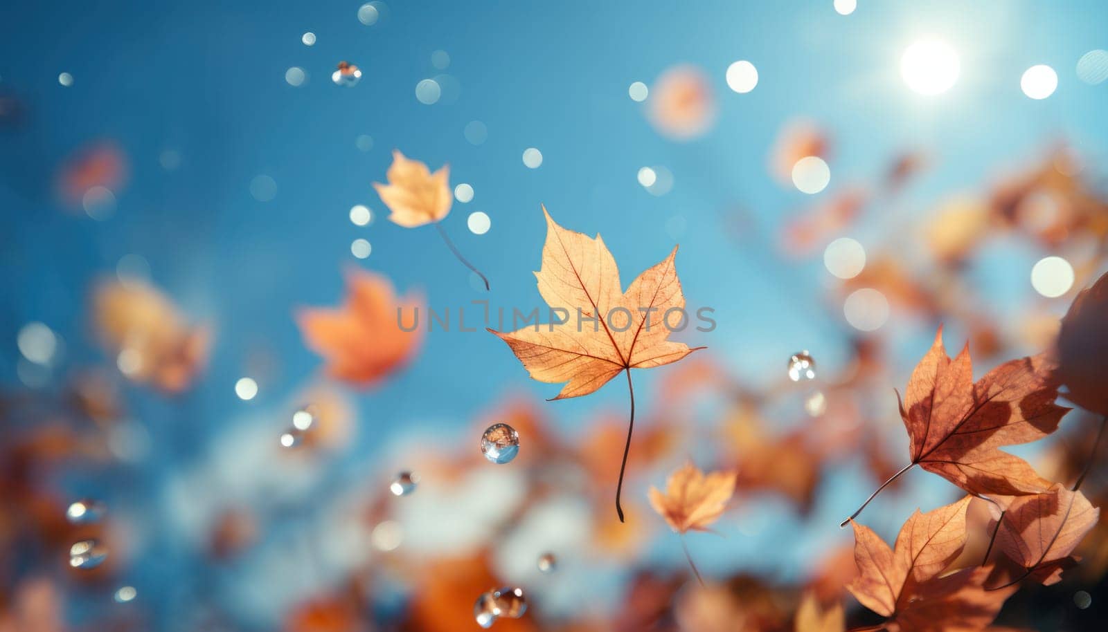 Autumn leaves drifting down against the blue sky. Autumn colors, sharp and clear focus on one leaf. Generative AI