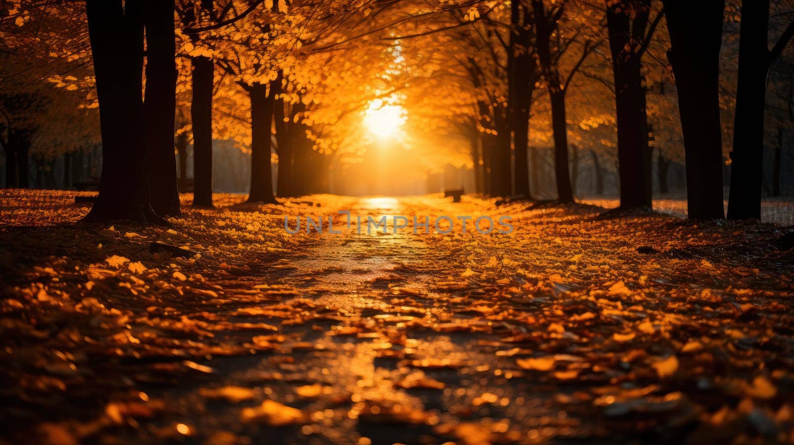 background Sunny autumn landscape with golden maple trees in the park. Generative AI
