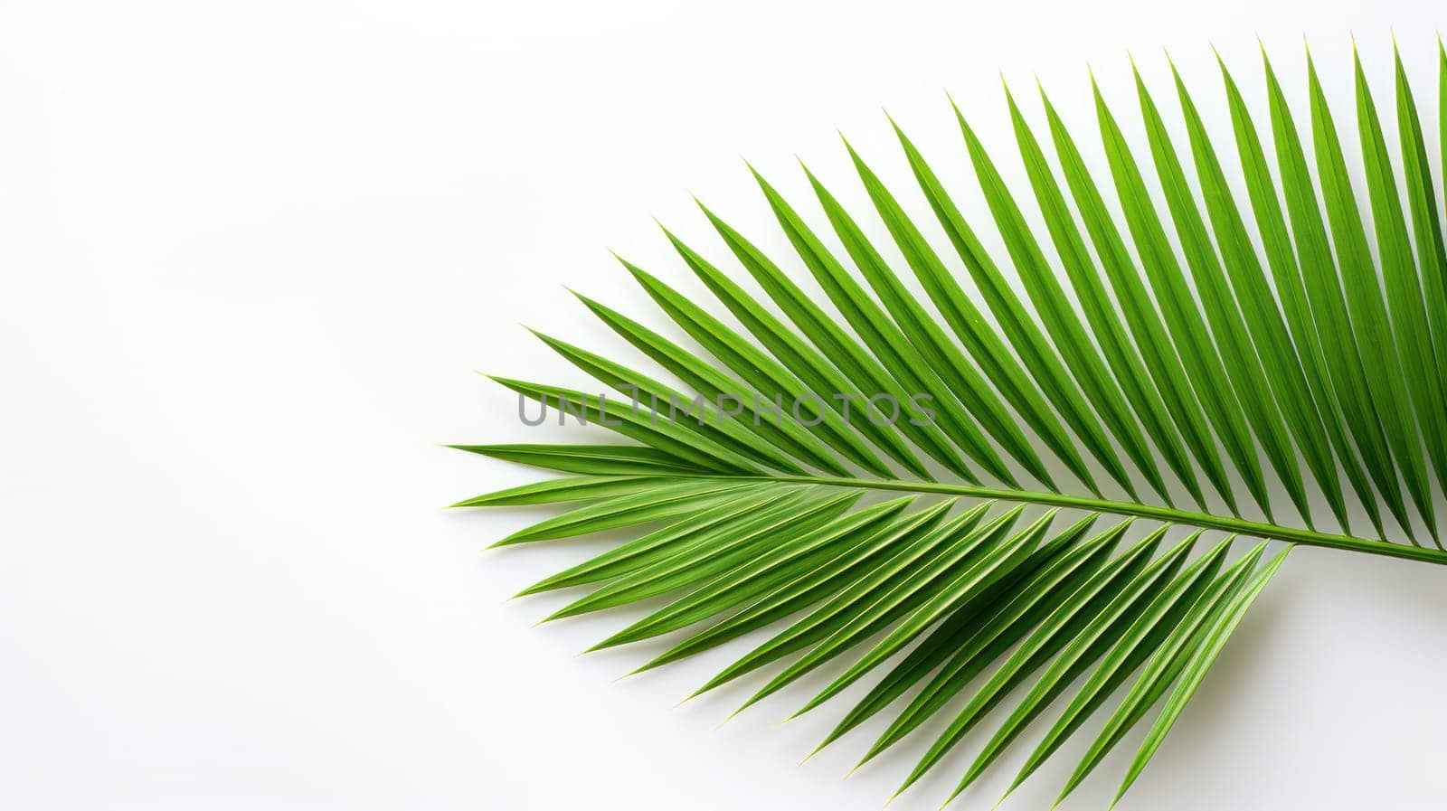 lone palm leaf, emerald green, against a white wall. Generative AI