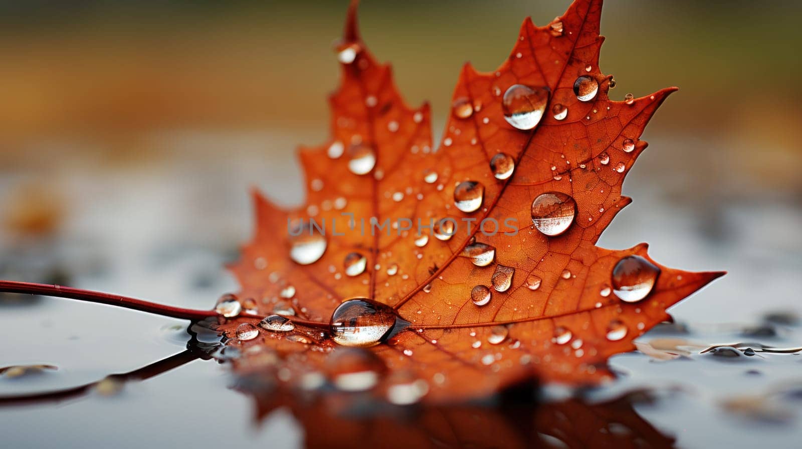 close-up maple leaves after rain with water drops.autumn mood. Generative AI