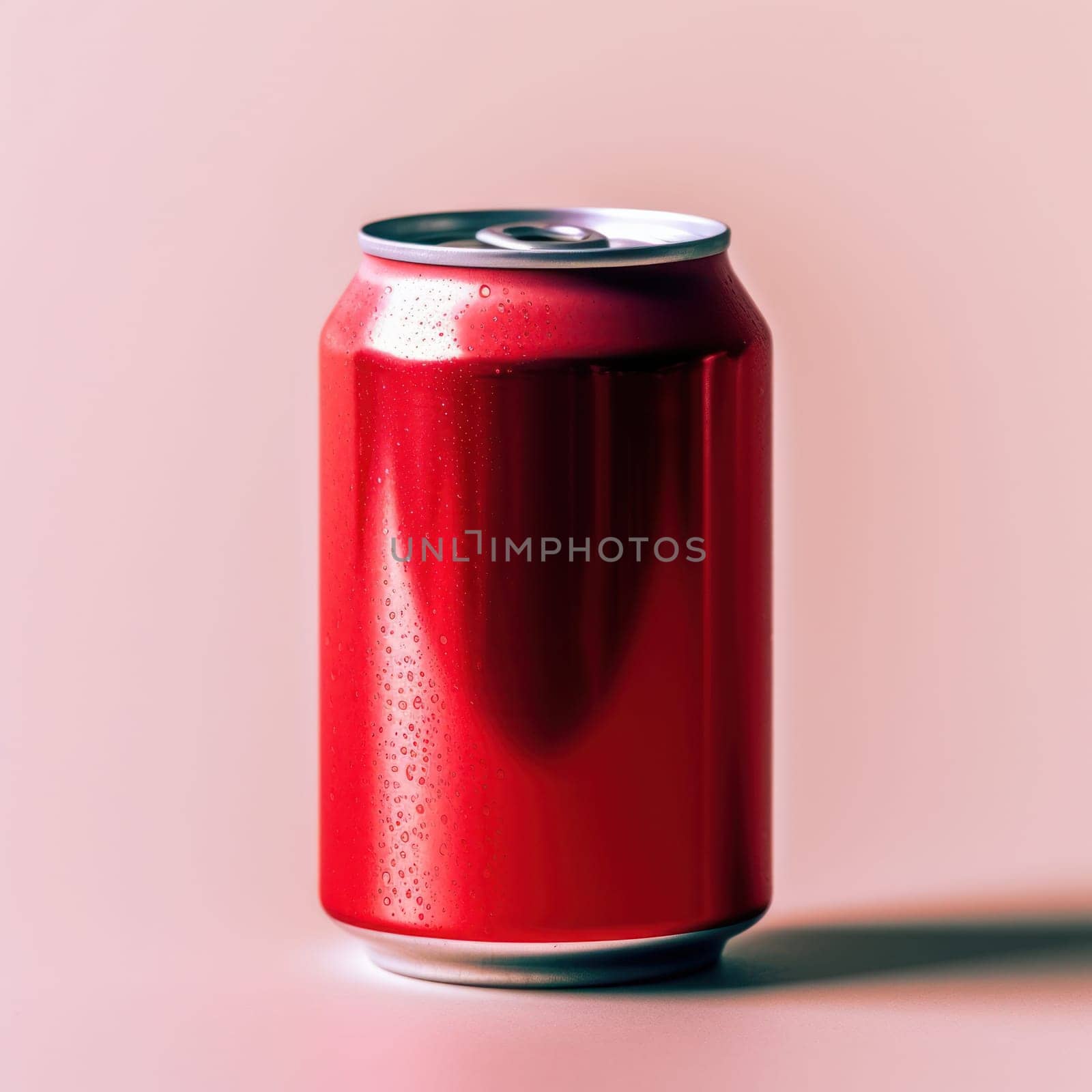 Aluminum red jar mockup on a colored background. Mockup of 330 ml red aluminum sparkling water.Generative AI