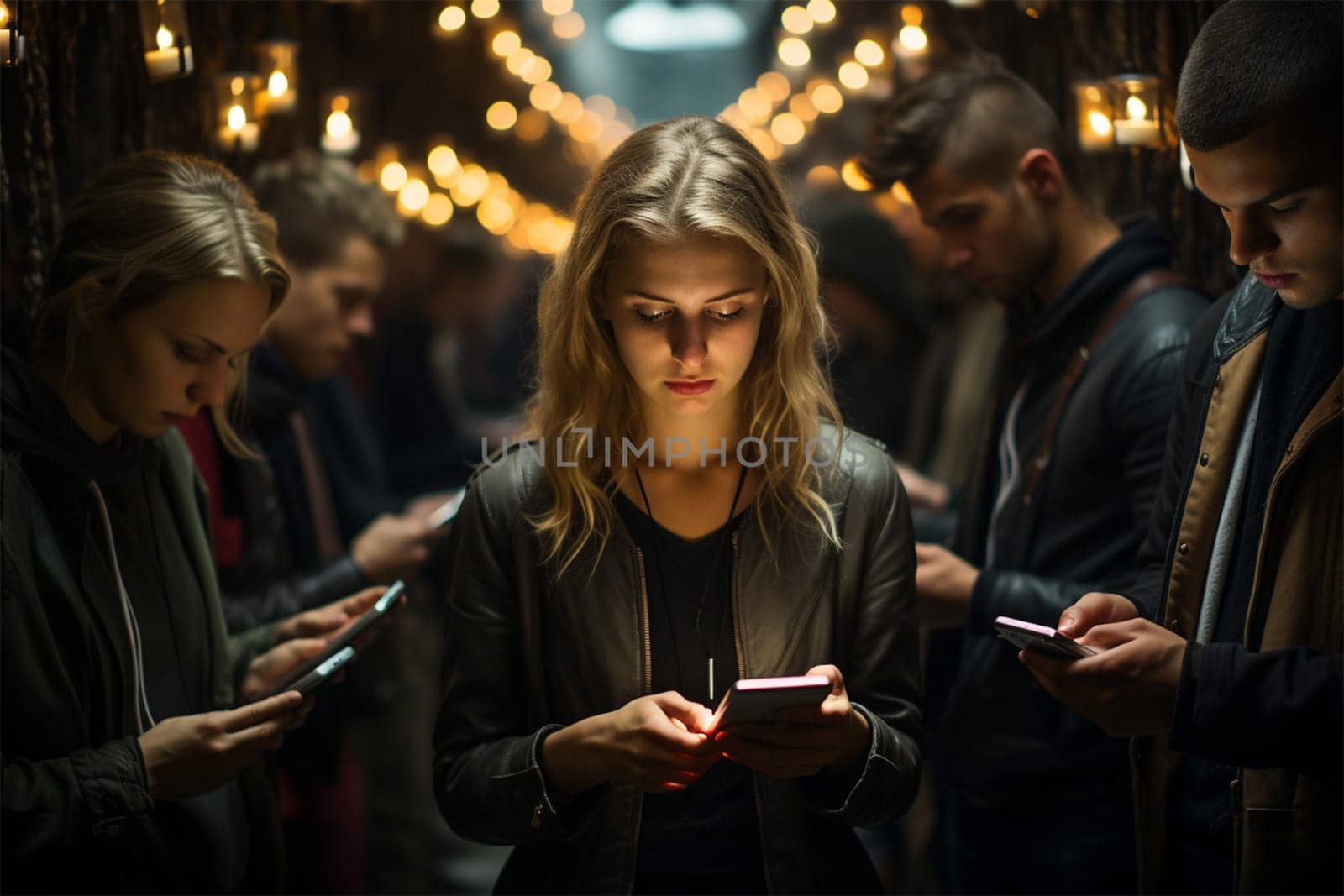 teenagers engrossed in their mobile phones and browsing the Internet and not noticing anything around them. Concept of addiction to online games, web surfing and internet addiction .Generative AI